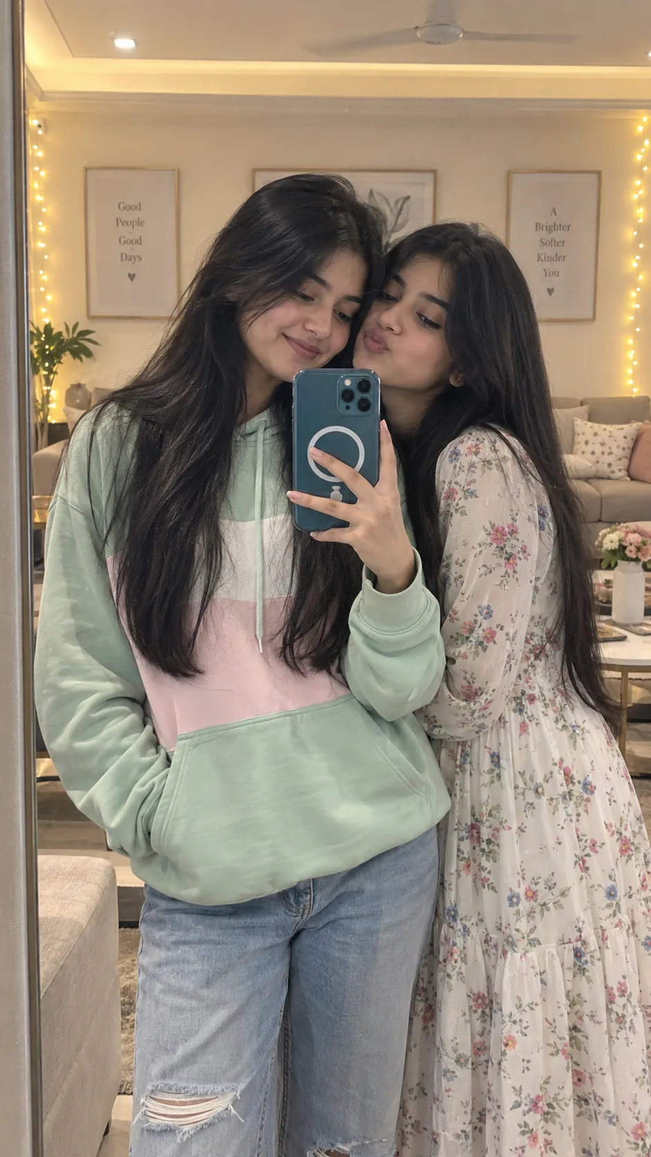 @meta.ai soft HD lifestyle mirror selfie of two young South Asian women standing very close together in a cozy modern living room.