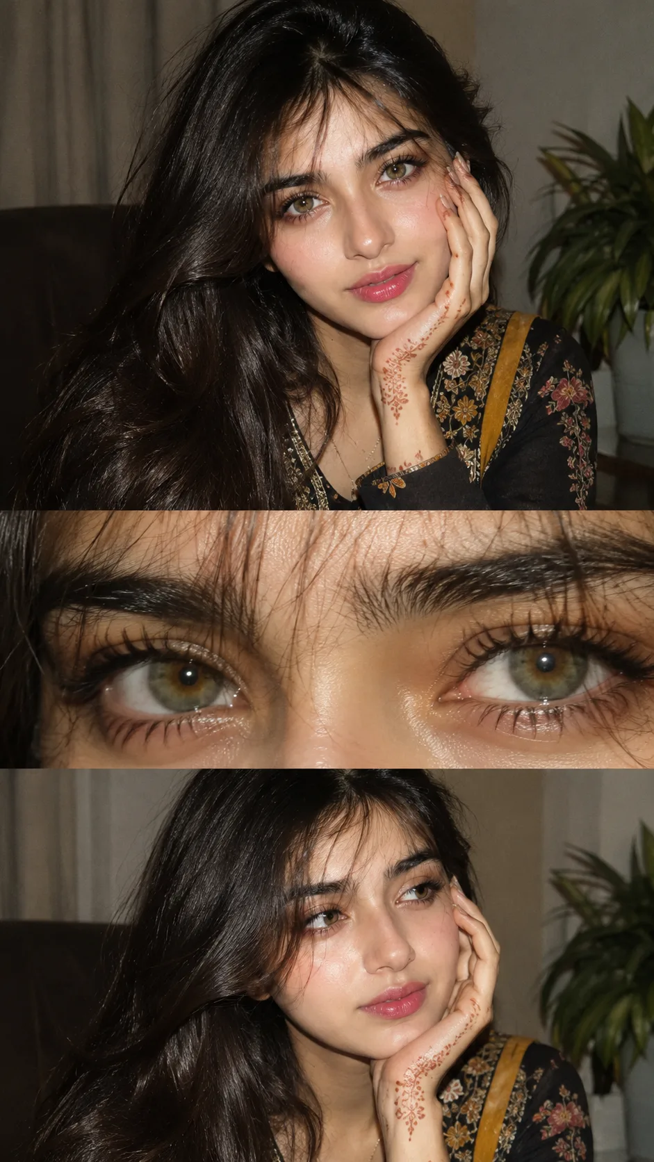 Ultra-realistic candid flash photography, 35mm film aesthetic, three-panel vertical collage composition.