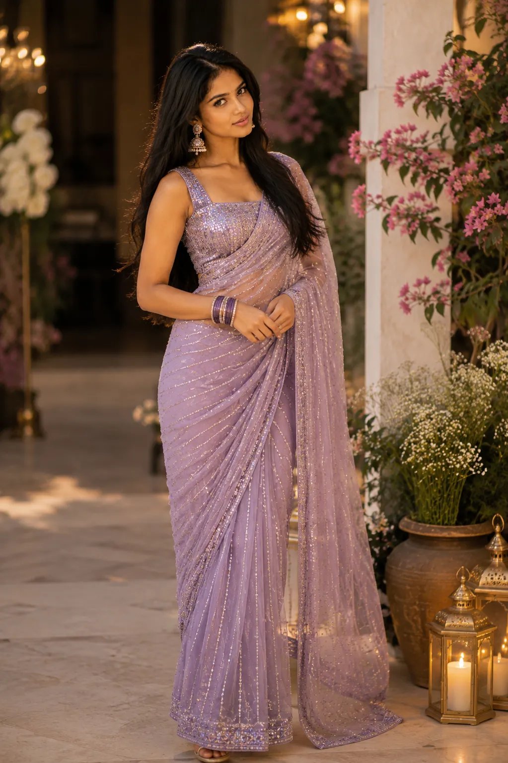 🍁A medium full-body fashion portrait of a graceful young South Asian woman posing in a traditional yet contemporary lavender-purple saree.