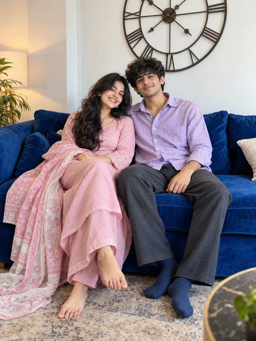 A realistic, medium full-body indoor photo of a happy young South Asia n couple sitting together on a vibran t royal blue velvet sofa.