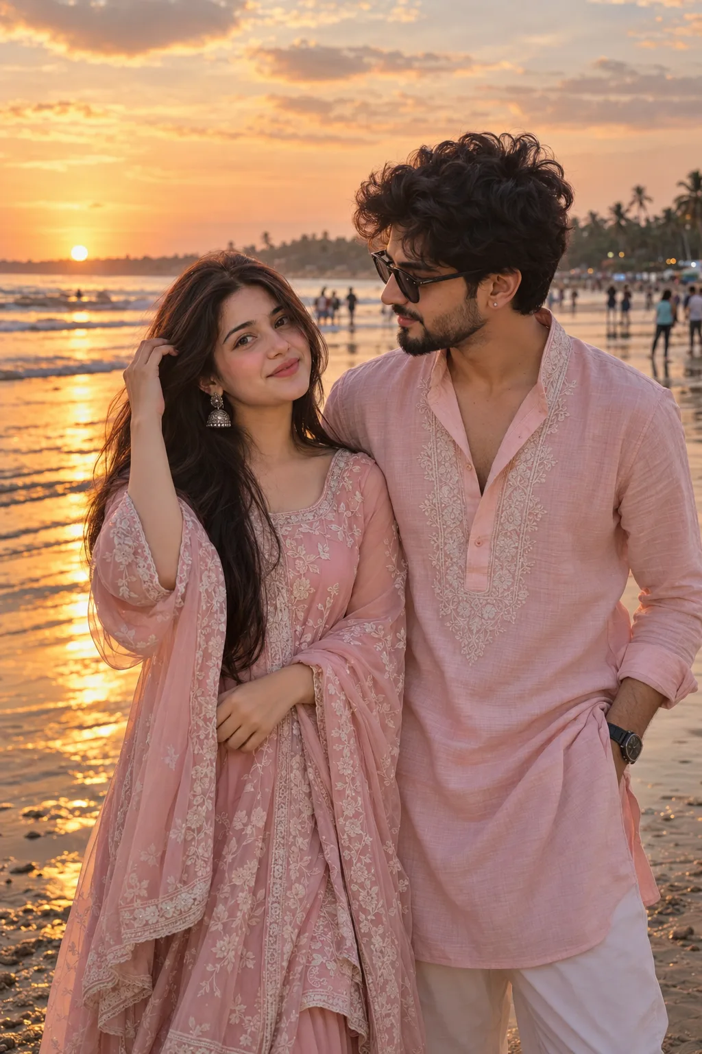 A candid, romantic, natural portrait of a young couple standing close to each other at a beach during golden hour sunset, as in the