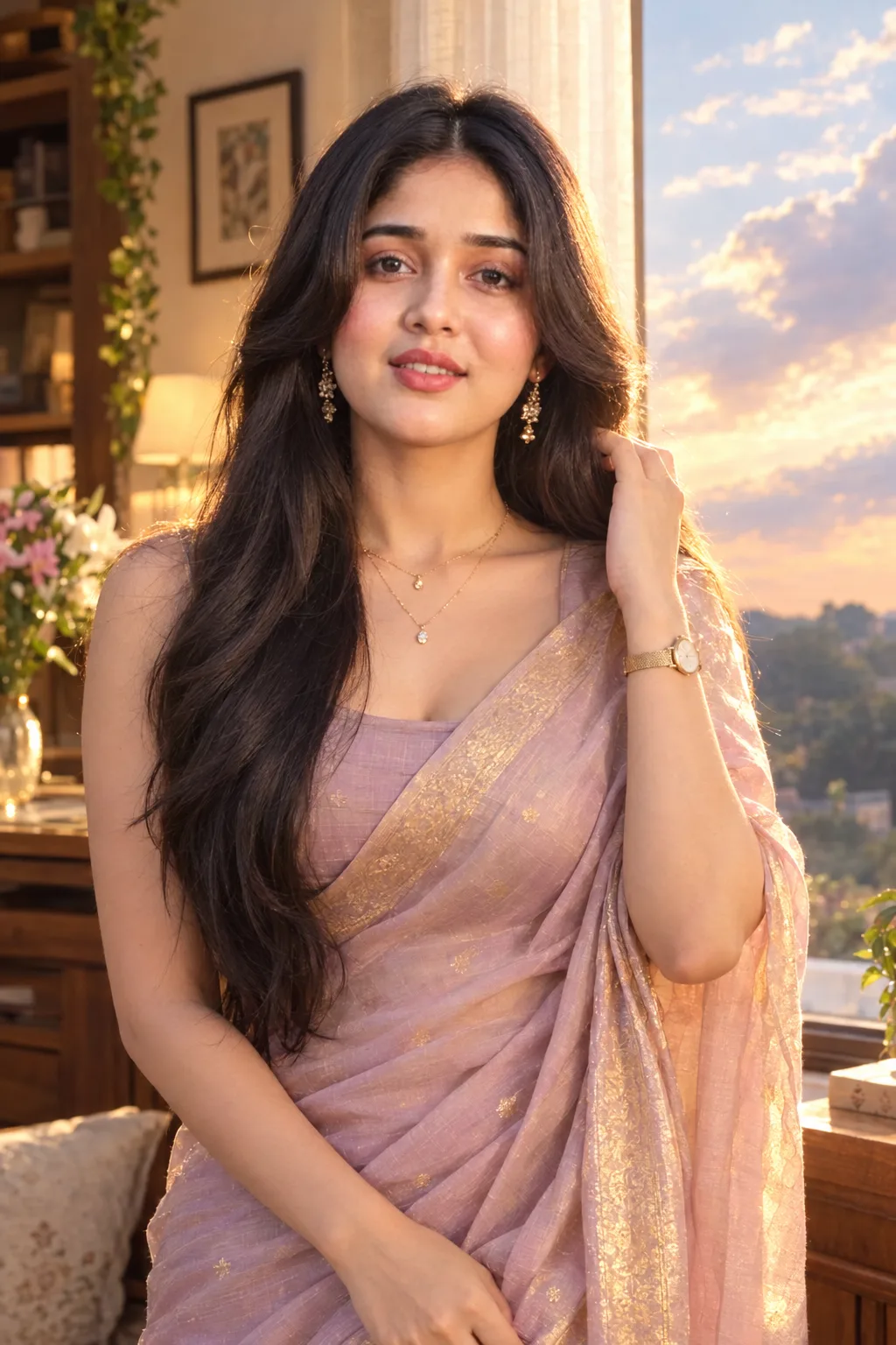 A stunningly beautiful young Indian woman posing gracefully inside a sweet, cozy home, wearing an elegant pastel silk saree with delicate