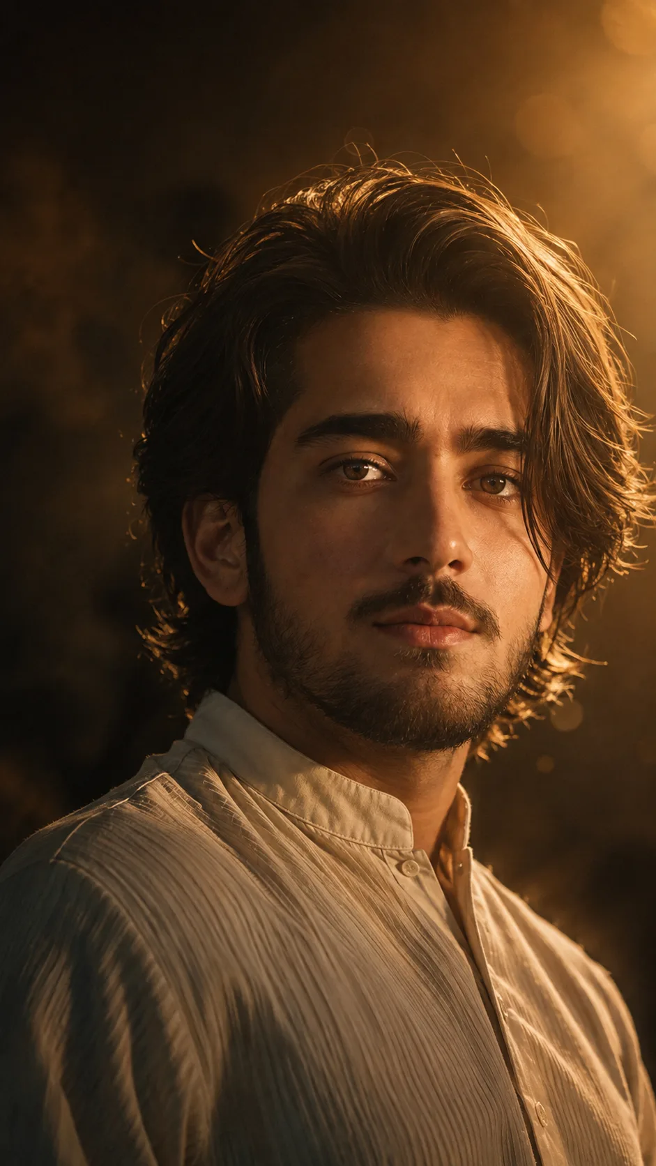 A highly cinematic, photorealistic close-up portrait of a man, shown from a low-angle three-quarter profile, occupying most of the vertical