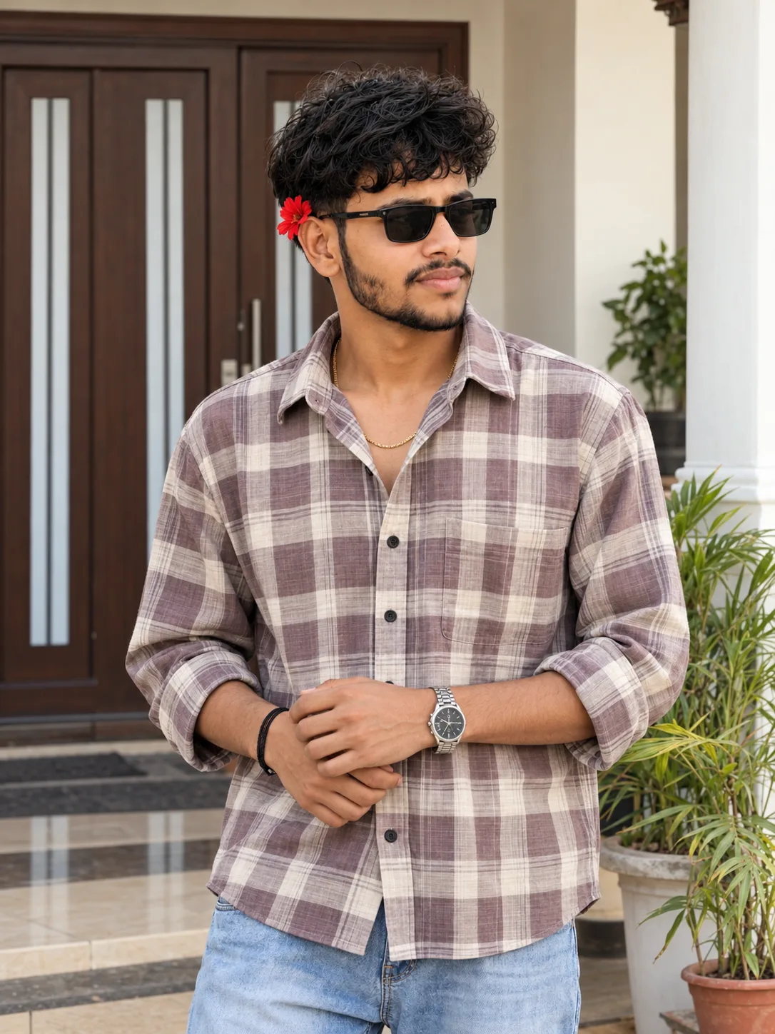 Ultra-realistic professional DSLR photograph of a young South Asian man with a slim-to-average physique, standing casually outdoors in