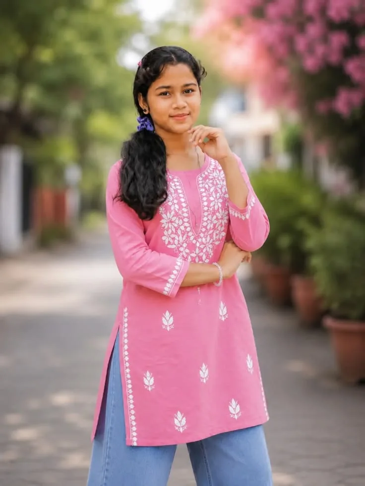 A photorealistic medium-long shot of a young South Asian woman posing outdoors on a paved pathway lined with potted plants, strictly