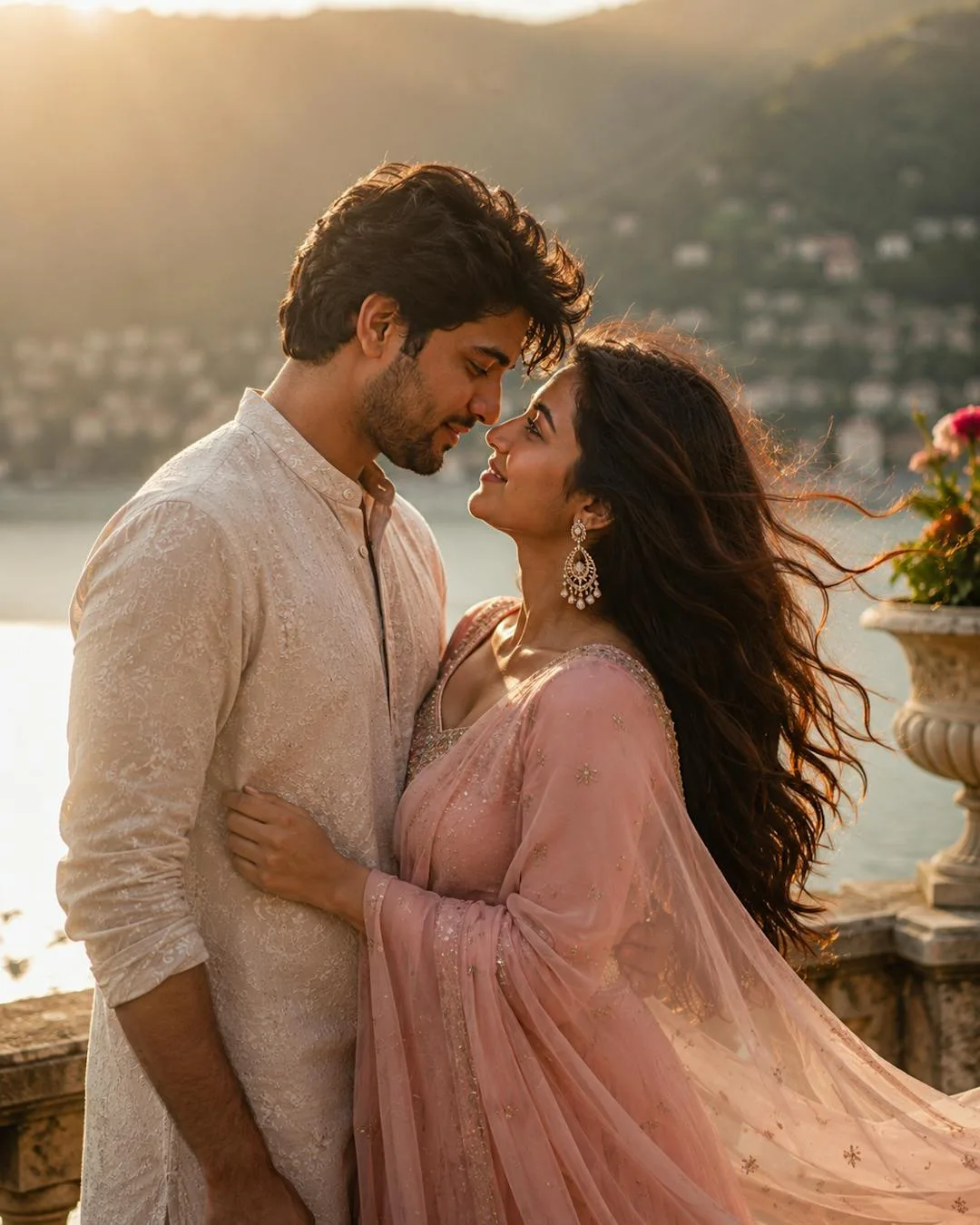 Create a cinematic Bollywood-inspired couple portrait with dramatic romantic lighting.