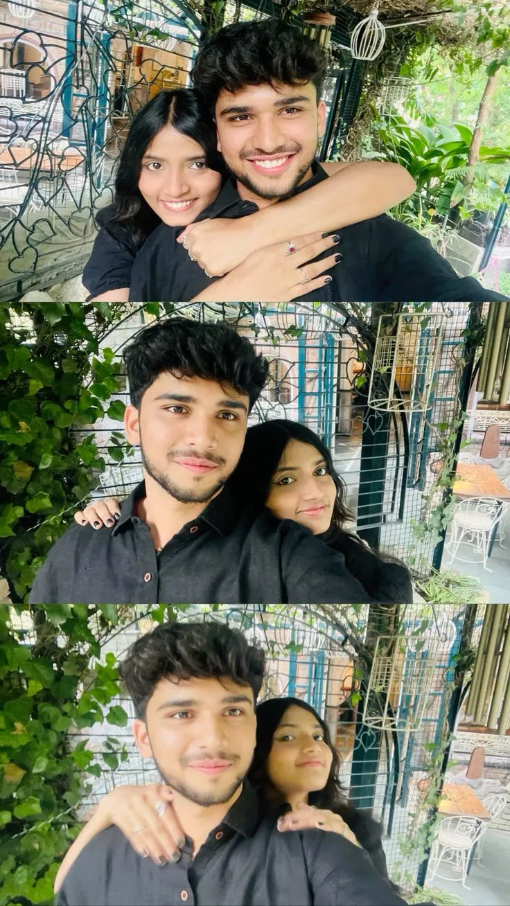 A photorealistic vertical triple-panel photo collage featuring three stacked candid medium close-up shots of the young South Asian couple