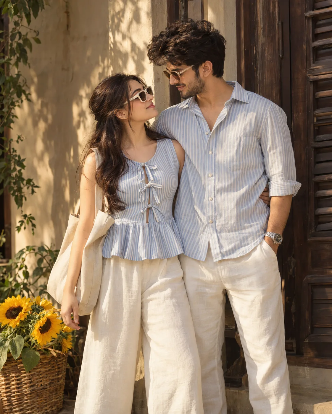A CANDID, PINTEREST-STYLE AESTHETIC PORTRAIT OF A YOUNG ATTRACTIVE COUPLE POSING TOGETHER IN FRONT OF A RUSTIC BUILDING WITH SOFT DAPPLED