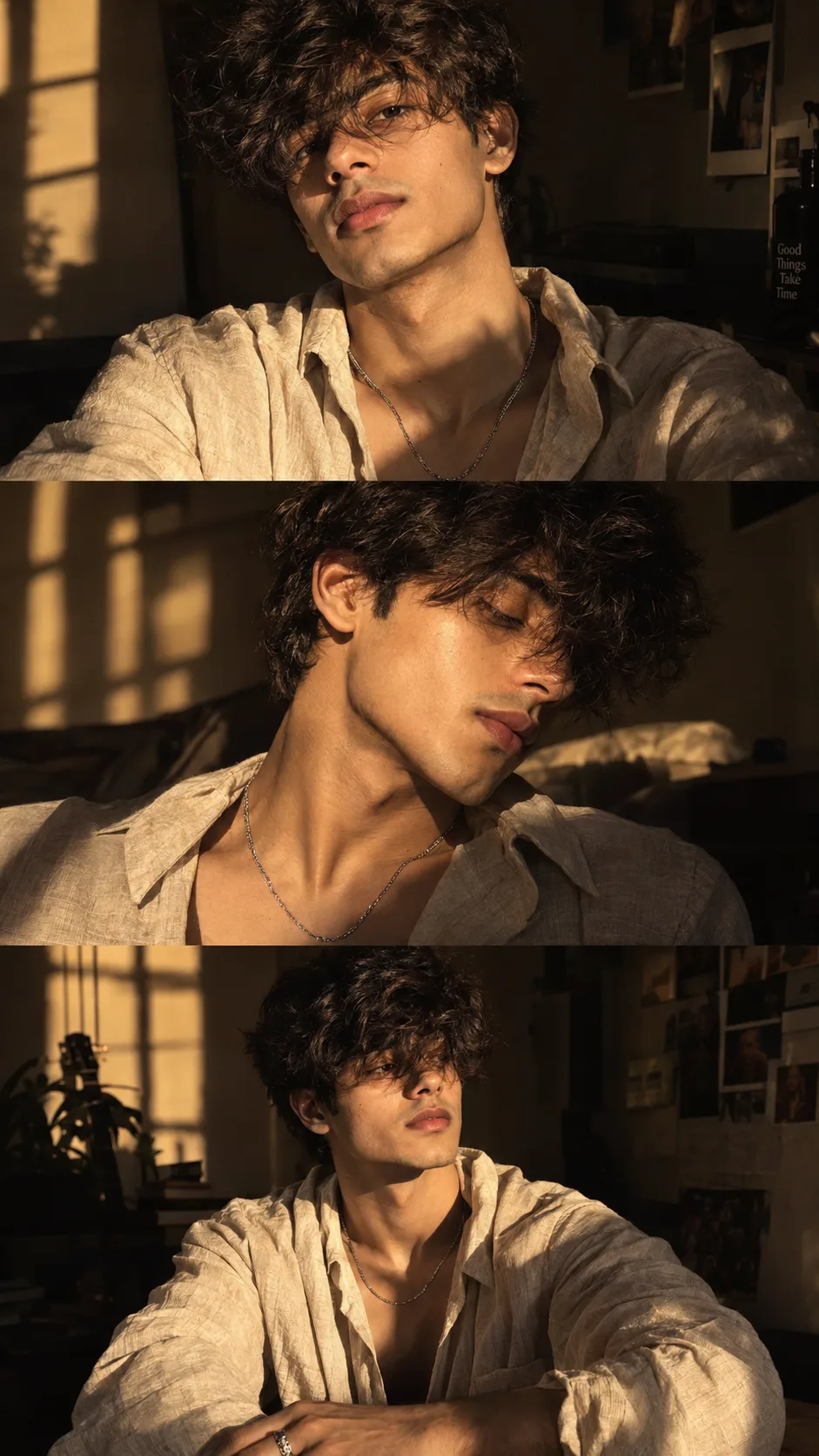 Ultra-realistic vertical 3-panel collage of the same young South Asian man, warm golden sunlight streaming through a window, dramatic