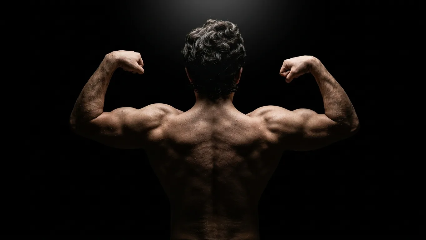 Create an ultra-realistic low-key bodybuilding photograph using the reference image.