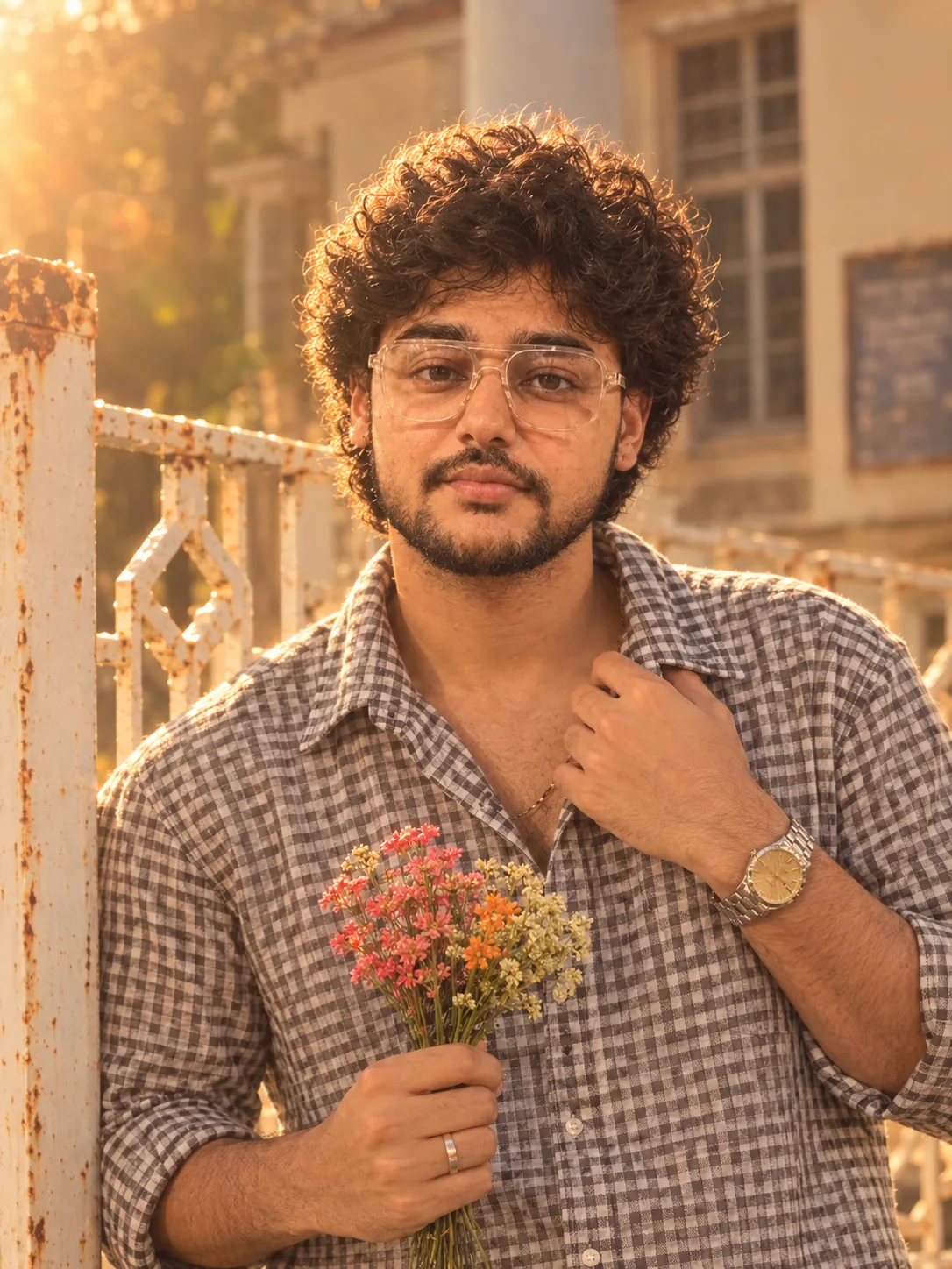 "A warm, candid golden-hour portrait of a young man with thick, tight black curly hair in a rounded, fluffy crop, smiling softly with a