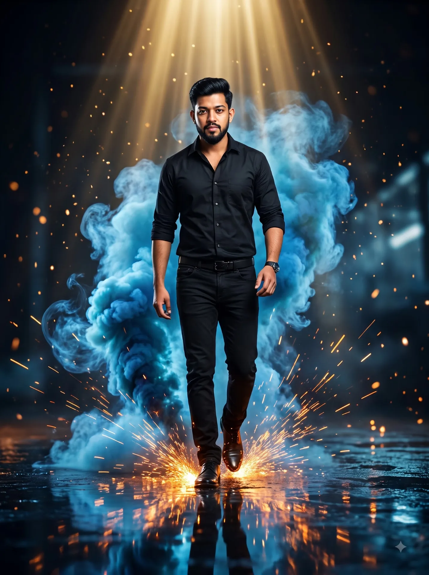 Photorealistic 9:16 full-body portrait of a confident South Asian man in a black shirt and black jeans walking forward.