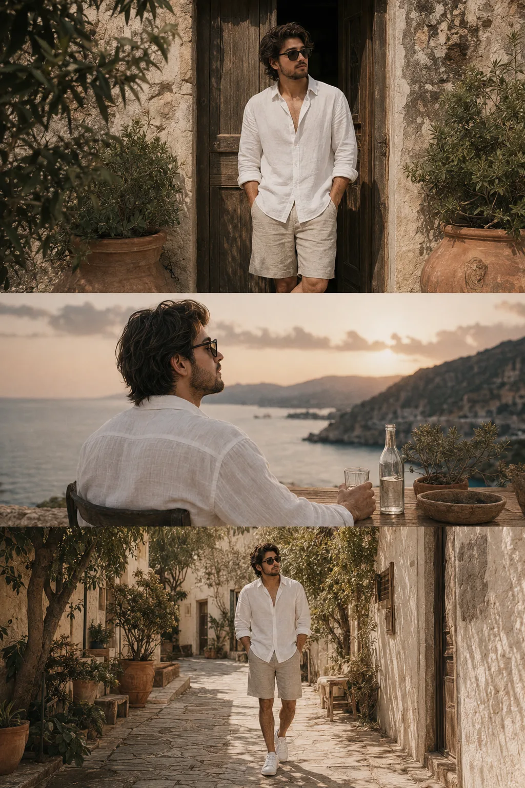 A highly cinematic, ultra-realistic **vertical three-panel lifestyle fashion photography collage** featuring the **same handsome young