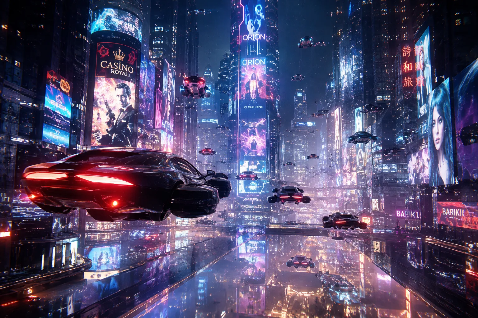 Futuristic neon city at night, flying cars, cinematic lighting, ultra realistic, 8K