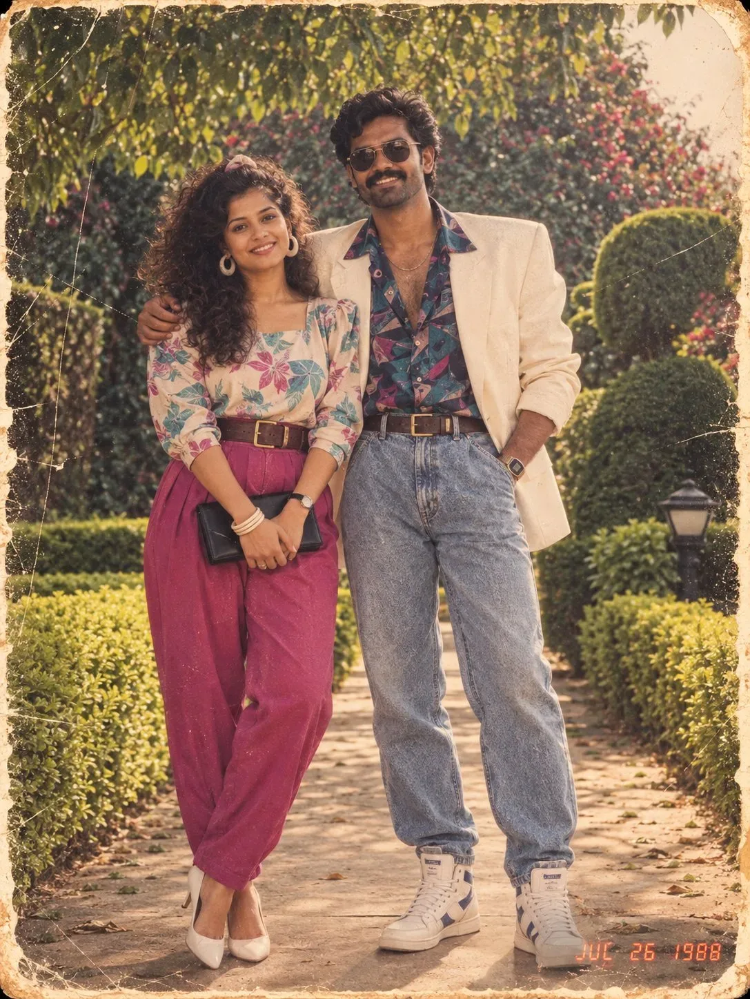 Create an ultra-realistic late-1980s Indian couple portrait that looks like a genuine old 35mm photograph taken in July 1988 and later