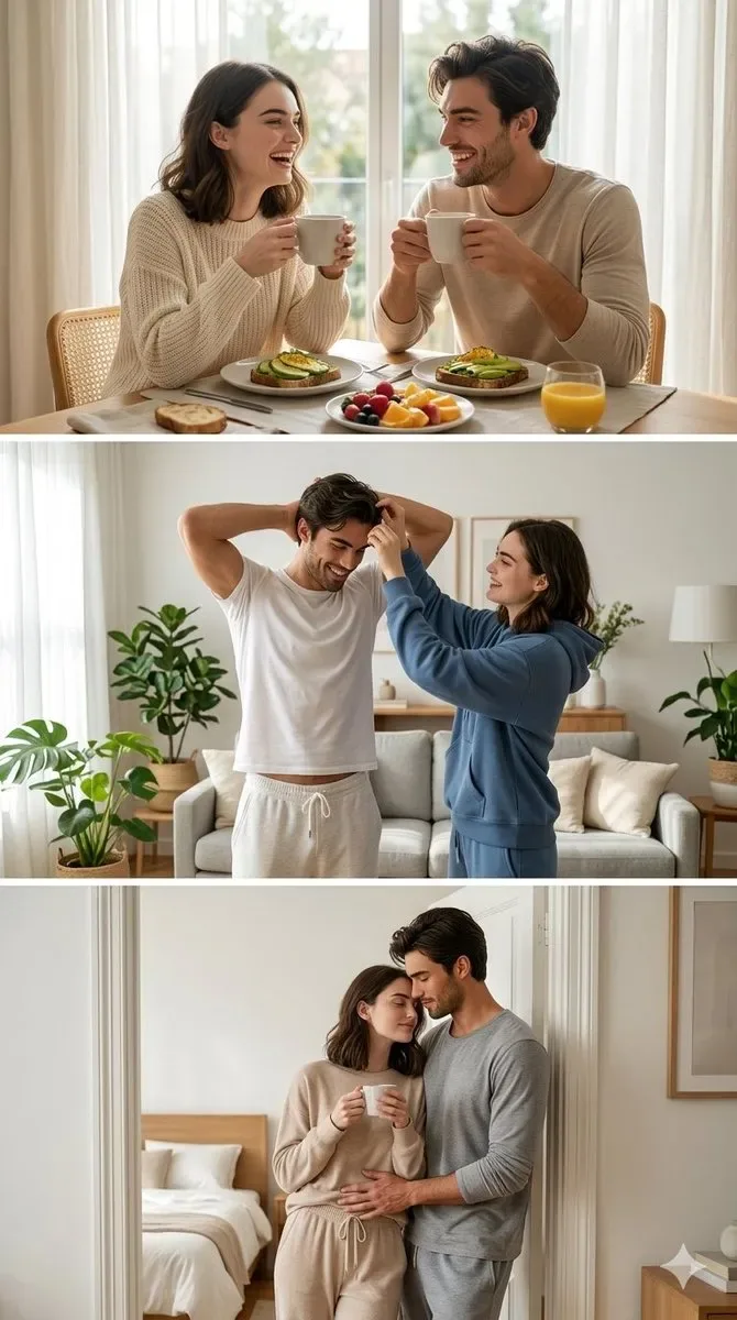 "Format: 3-panel storyboard layout, cute morning couple activity, inside a cozy modern house, lifestyle editorial photography,