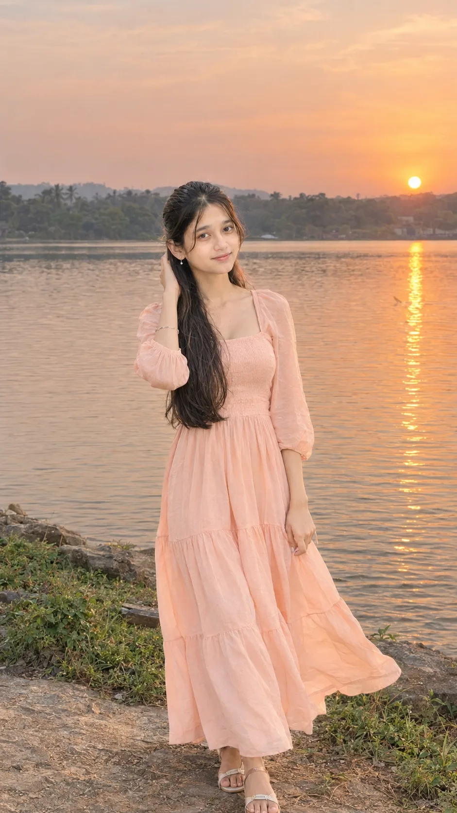 Ultra realistic full body photograph of a young woman standing near a quiet lakeside during soft sunset, shot on a real DSLR camera.