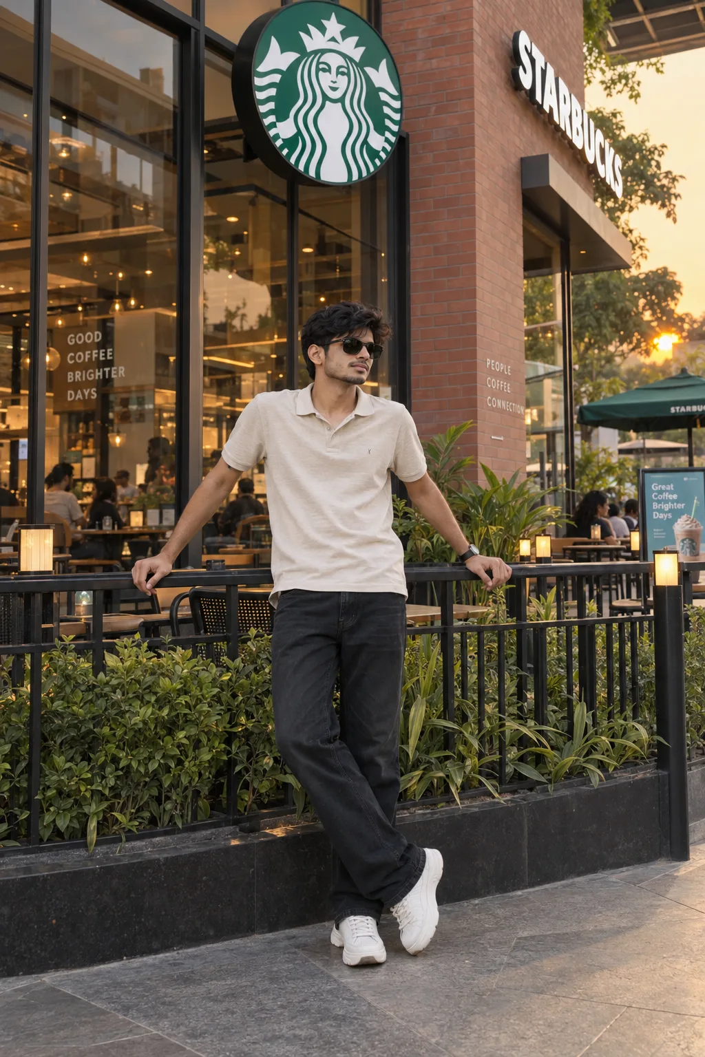 Create a highly realistic, ultra-detailed cinematic lifestyle photograph of a young Indian man casually posing outside a modern Starbucks