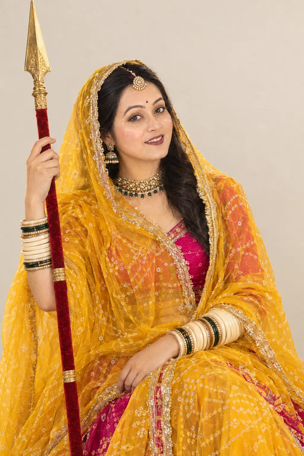 Subject & Pose: A dignified Indian Rajput woman seated gracefully in a regal portrait pose against a clean, neutral off-white studio