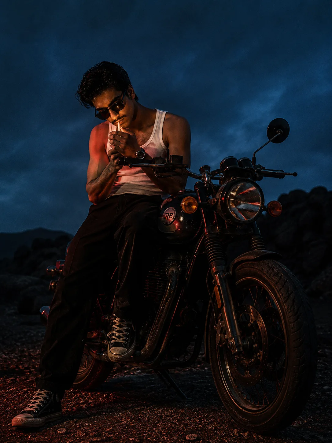 Create an ultra-realistic cinematic fine-art photograph closely recreating the reference image in composition, subject placement, pose,
