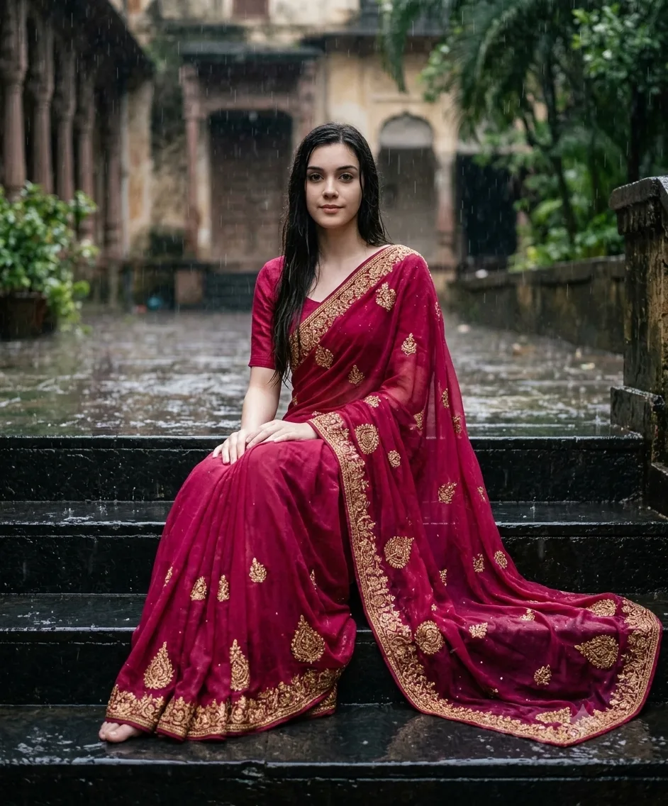 Create a highly realistic cinematic portrait of the same young Indian woman, preserving her natural facial identity and features.