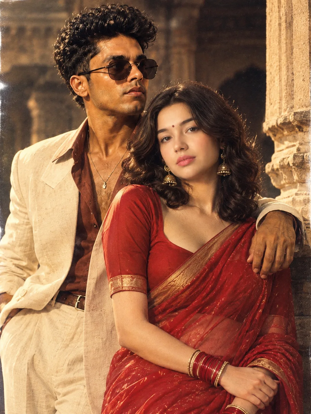 Create an ultra-realistic cinematic 1980s Bollywood romantic film still featuring the SAME young South Asian couple from the uploaded