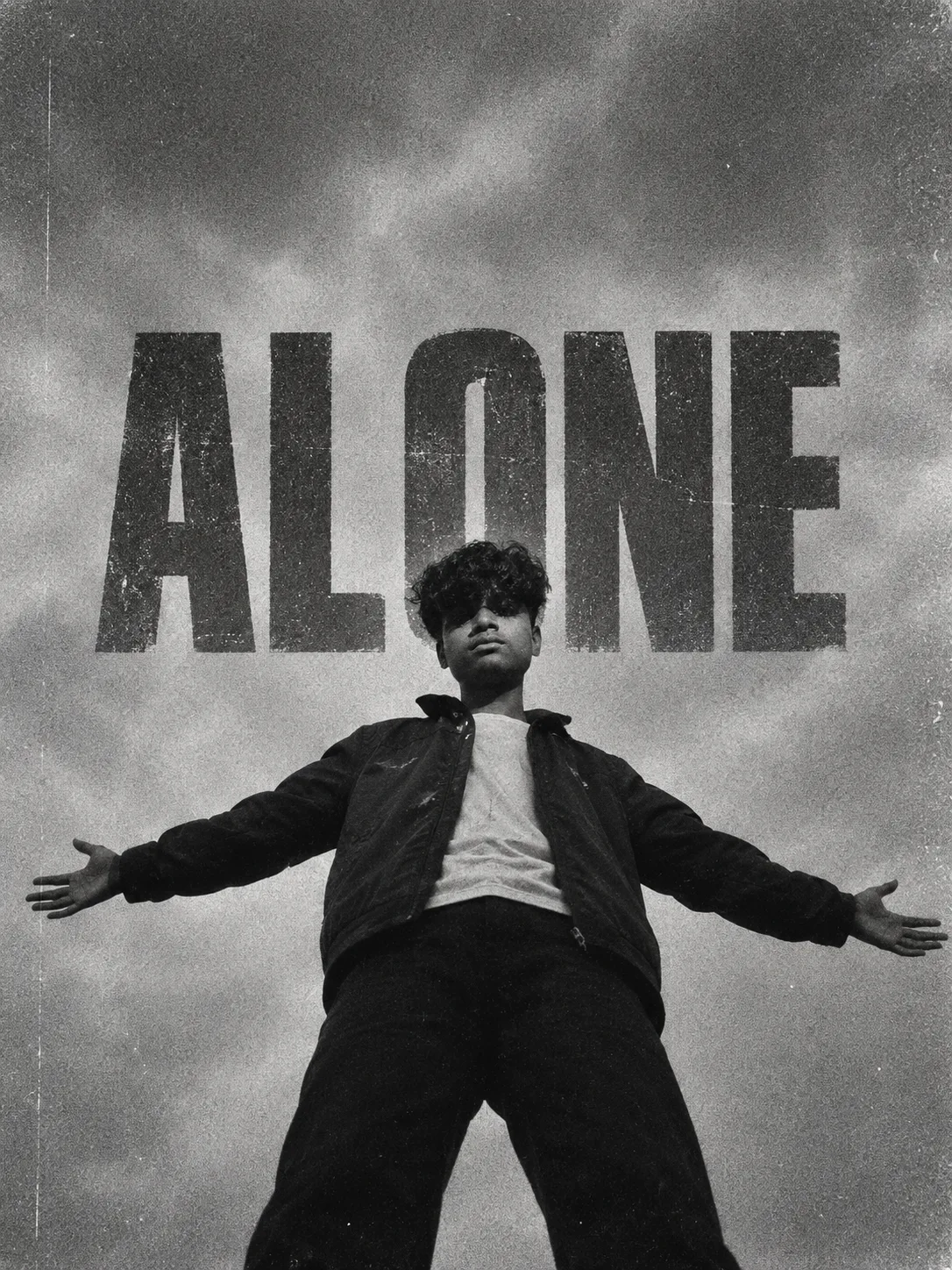 “Add the word ‘ALONE’ in large, bold uppercase letters behind the person, centered in the background.A black-and-white grainy photo of a