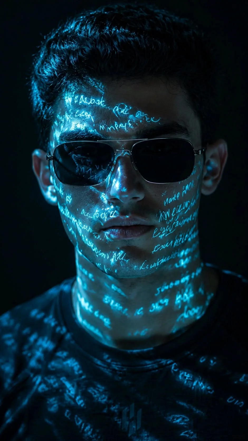 "A dramatic cyberpunk close-up portrait of a young man with dark textured hair, wearing classic silver-framed aviator sunglasses and a