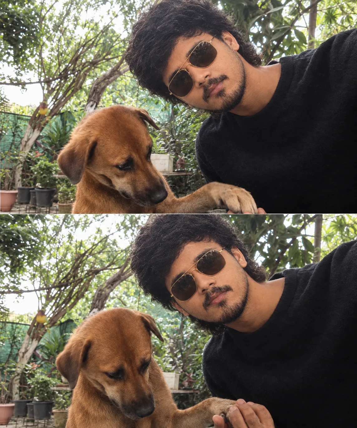 Create an ultra-realistic candid outdoor photograph of a young South Asian man bonding with a friendly brown dog in a lush home garden.