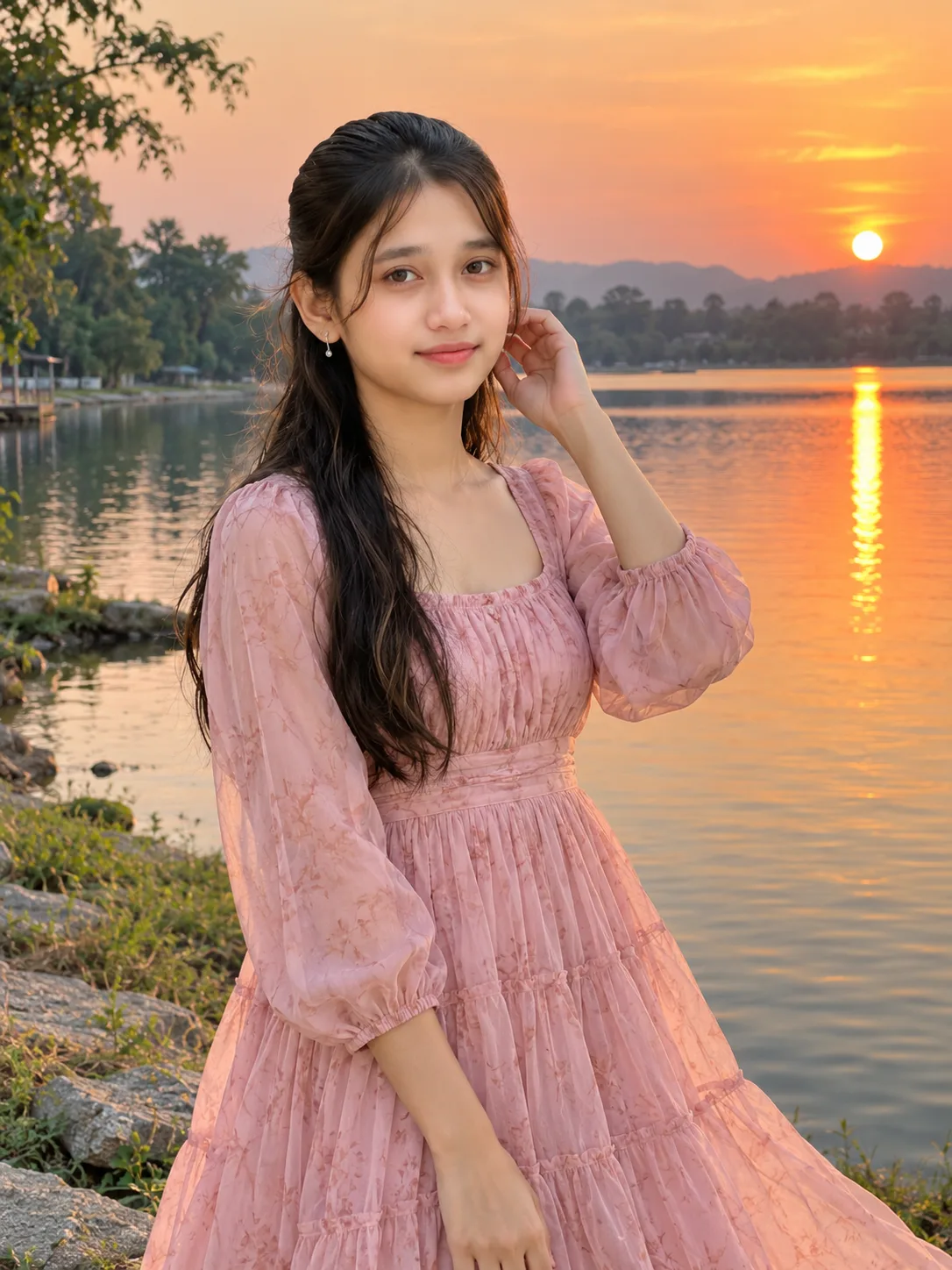 Ultra realistic photograph of a young woman standing near a quiet lakeside during soft sunset, shot on a real DSLR camera.