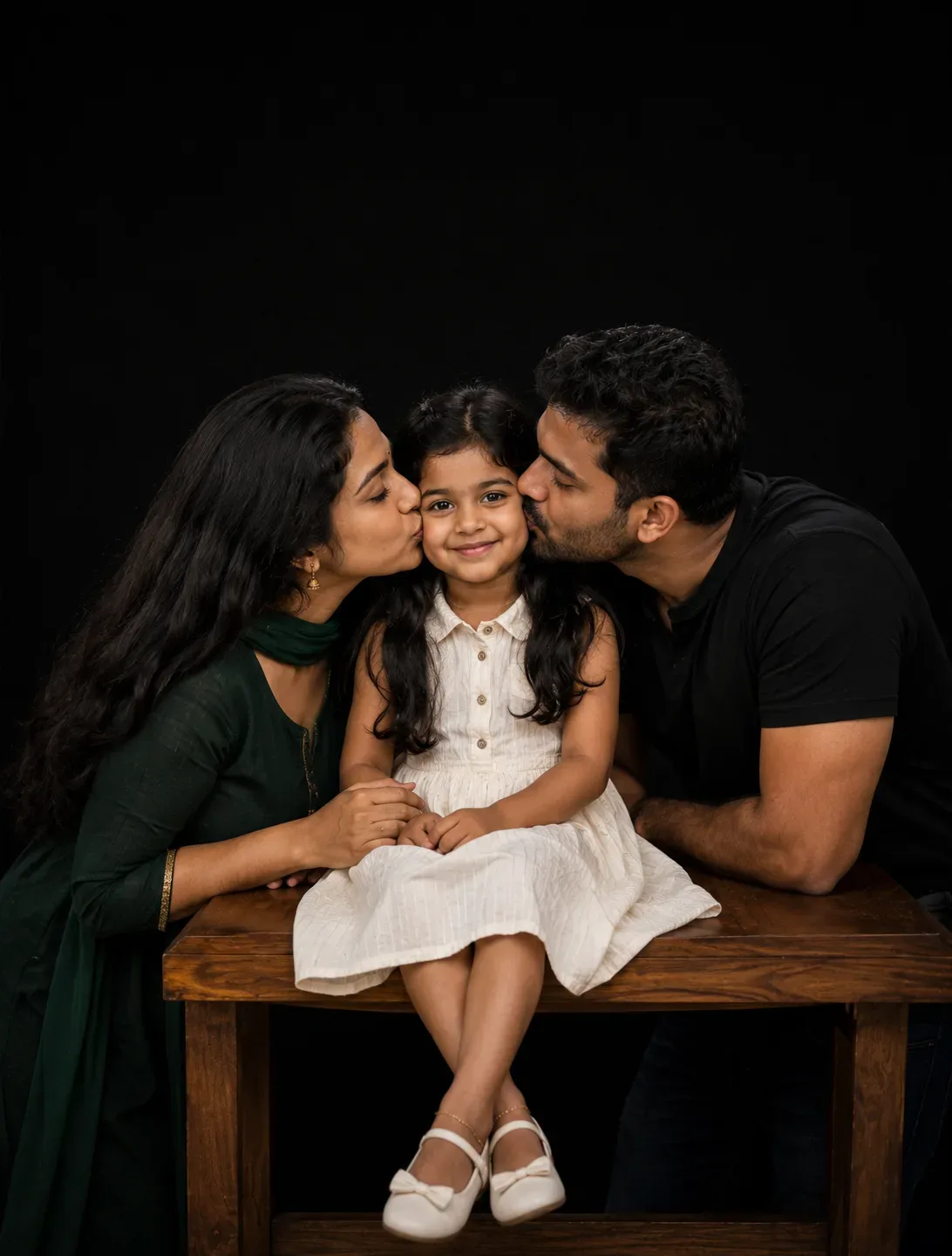 Create an ultra-realistic, intimate cinematic studio family portrait of a young South Indian mother and father affectionately kissing their