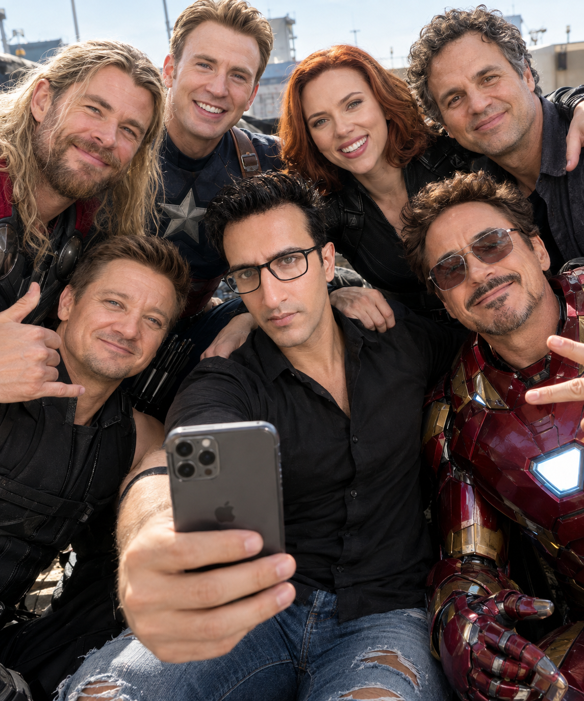 A ultra realistic group selfie, center is the person from the attached image, wearing a fitted black shirt and ripped jeans, holding an