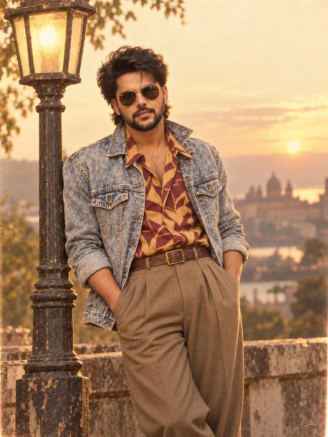 Transform the uploaded reference image into an authentic early 1990s South Asian cinema heartthrob portrait.