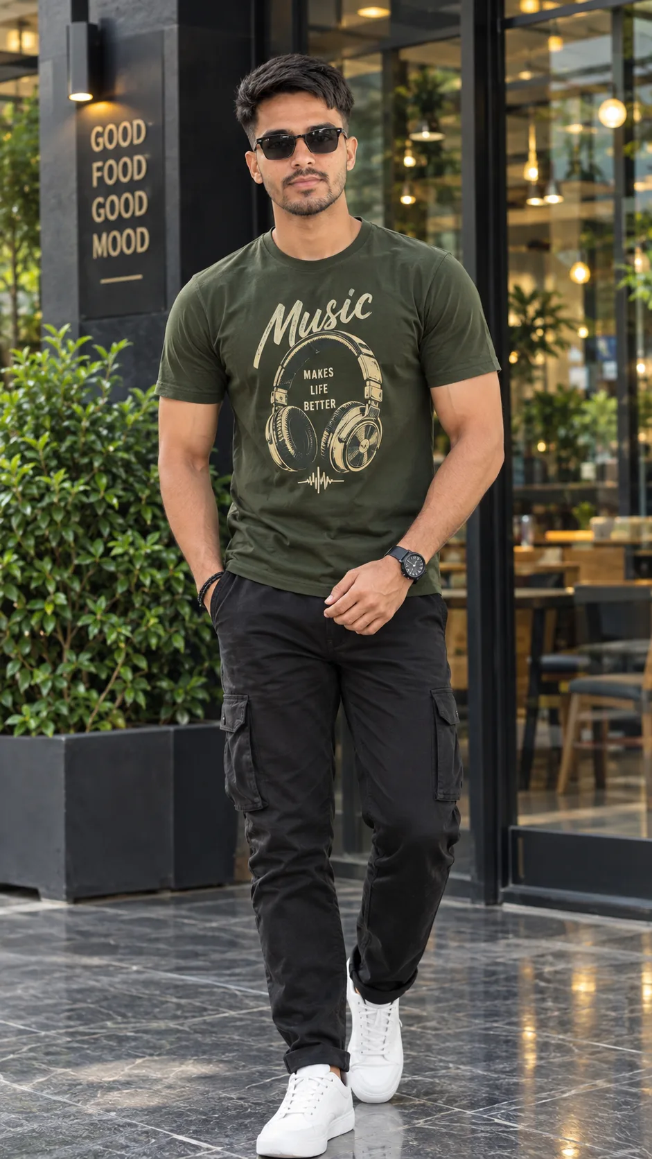 Create a photorealistic full-body fashion portrait of a young South Asian man standing confidently outside a modern upscale café or
