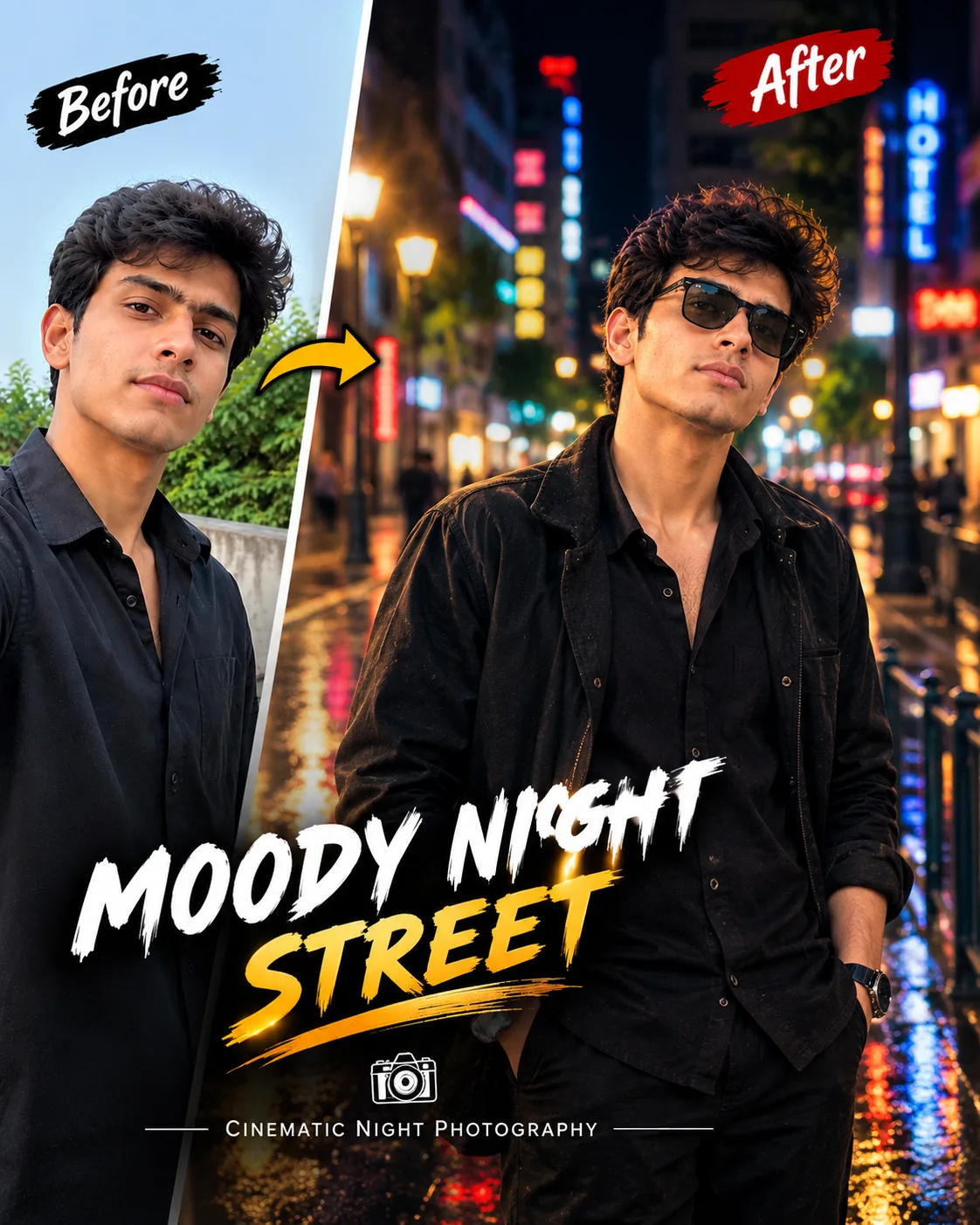 Transform the uploaded photo into a highly realistic professional night street photograph.