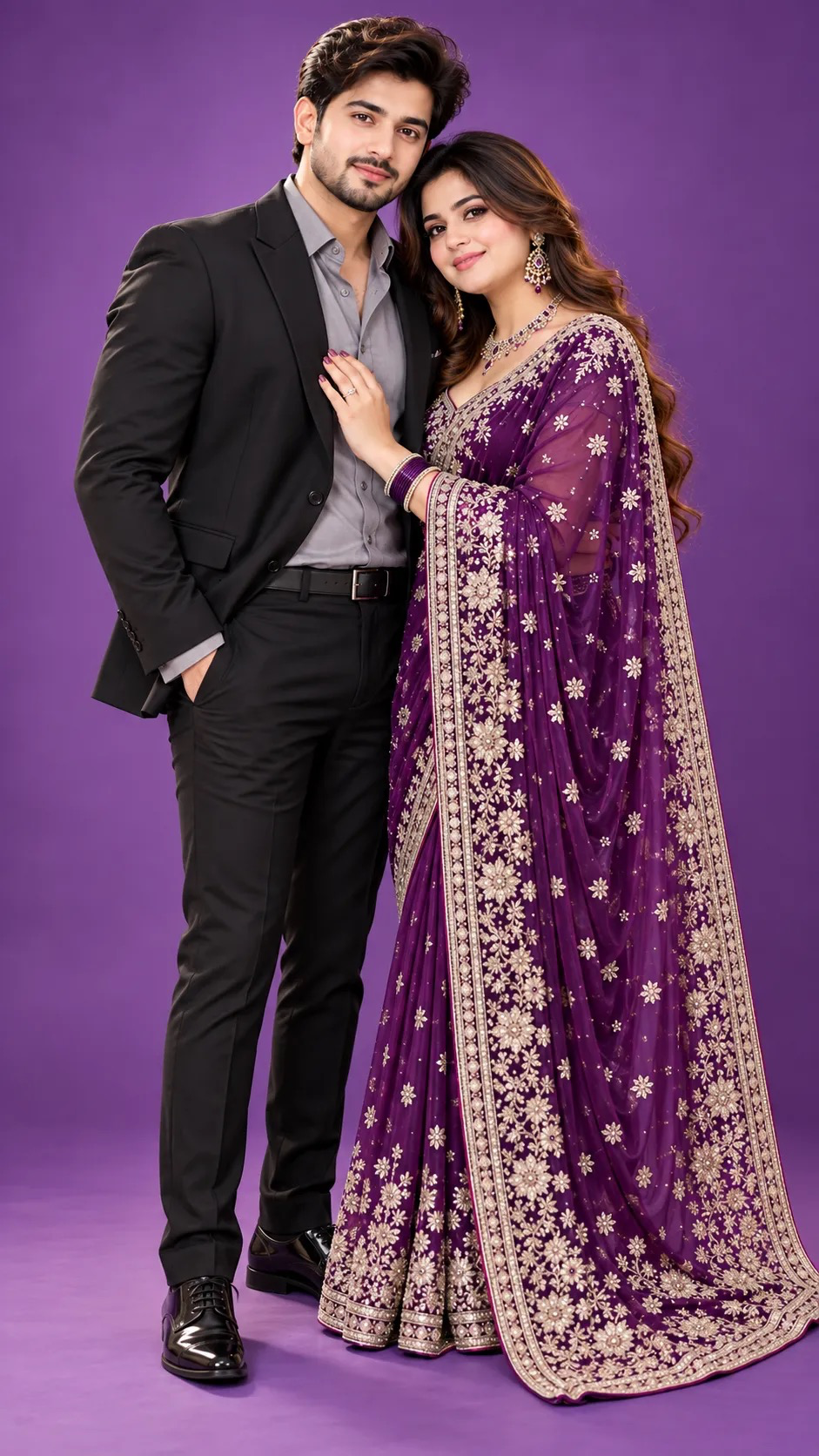 Full body Indian couple standing together in an elegant pose, man in black suit with grey shirt and black trousers, woman in luxurious