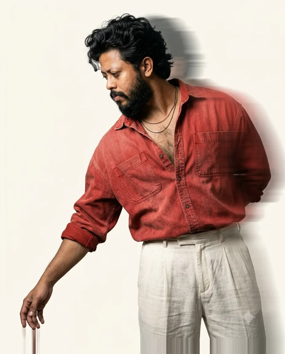 Create an ultra-realistic high-fashion editorial studio portrait of a rugged South Indian man against a completely clean