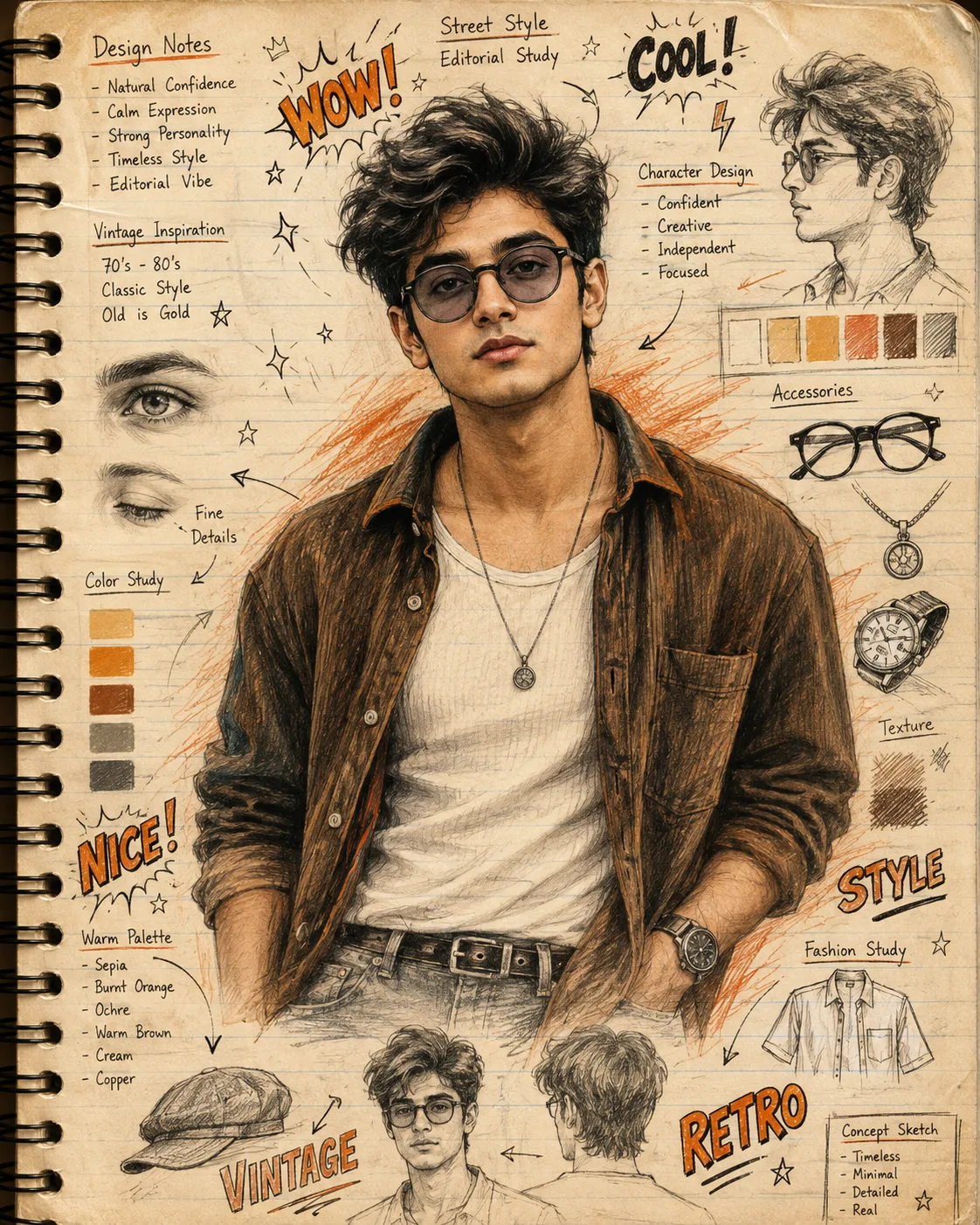 Create an ultra-realistic mixed-media sketchbook illustration using the uploaded reference image as the only identity reference.