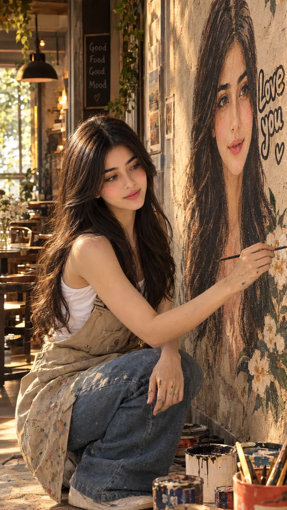 Create a realistic, editorial-style portrait photo set in a cozy and artistic café.