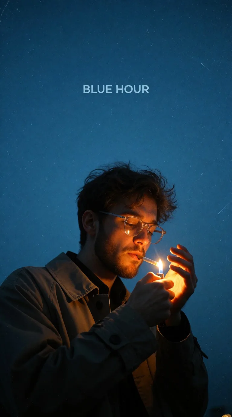 A dramatic, low-key portrait features a young man in mid-shot, positioned slightly off-center to the right, against a vast, deep blue