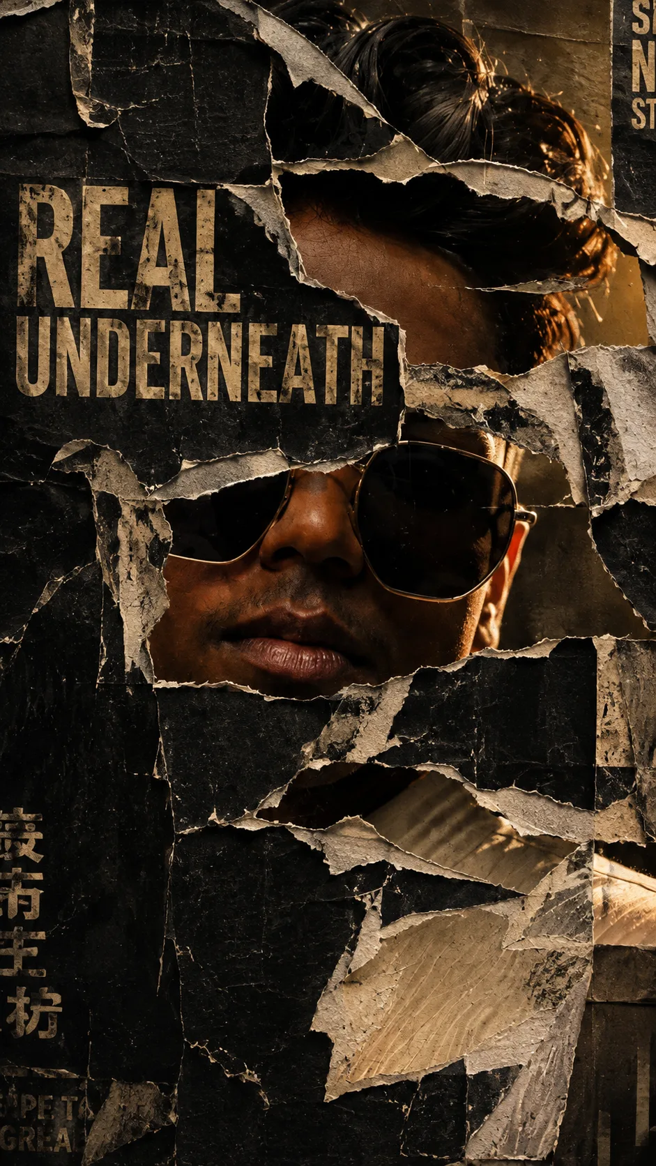A premium 9:16 portrait.The face appears behind a torn street poster.Only random parts of the face are revealed through ripped paper