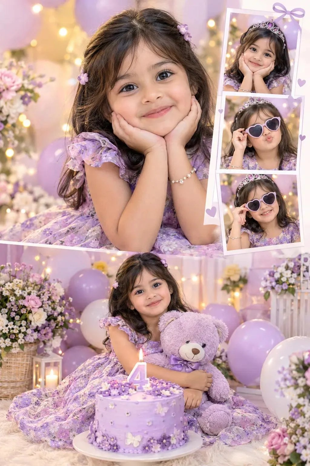 Prompt: Multi-photo birthday collage poster of a cute 4-year-old South Asian girl in a pastel purple floral dress.