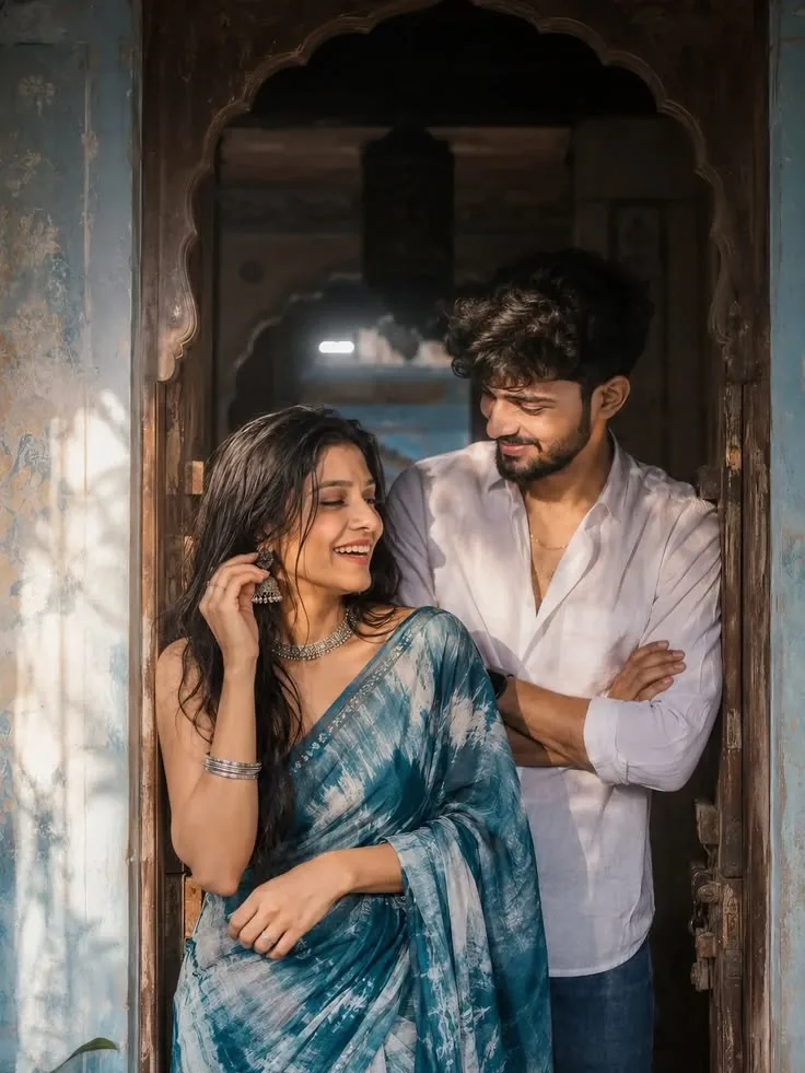 A photorealistic vertical medium-three-quarter portrait in exact 3:4 aspect ratio capturing the young South Asian couple from the reference