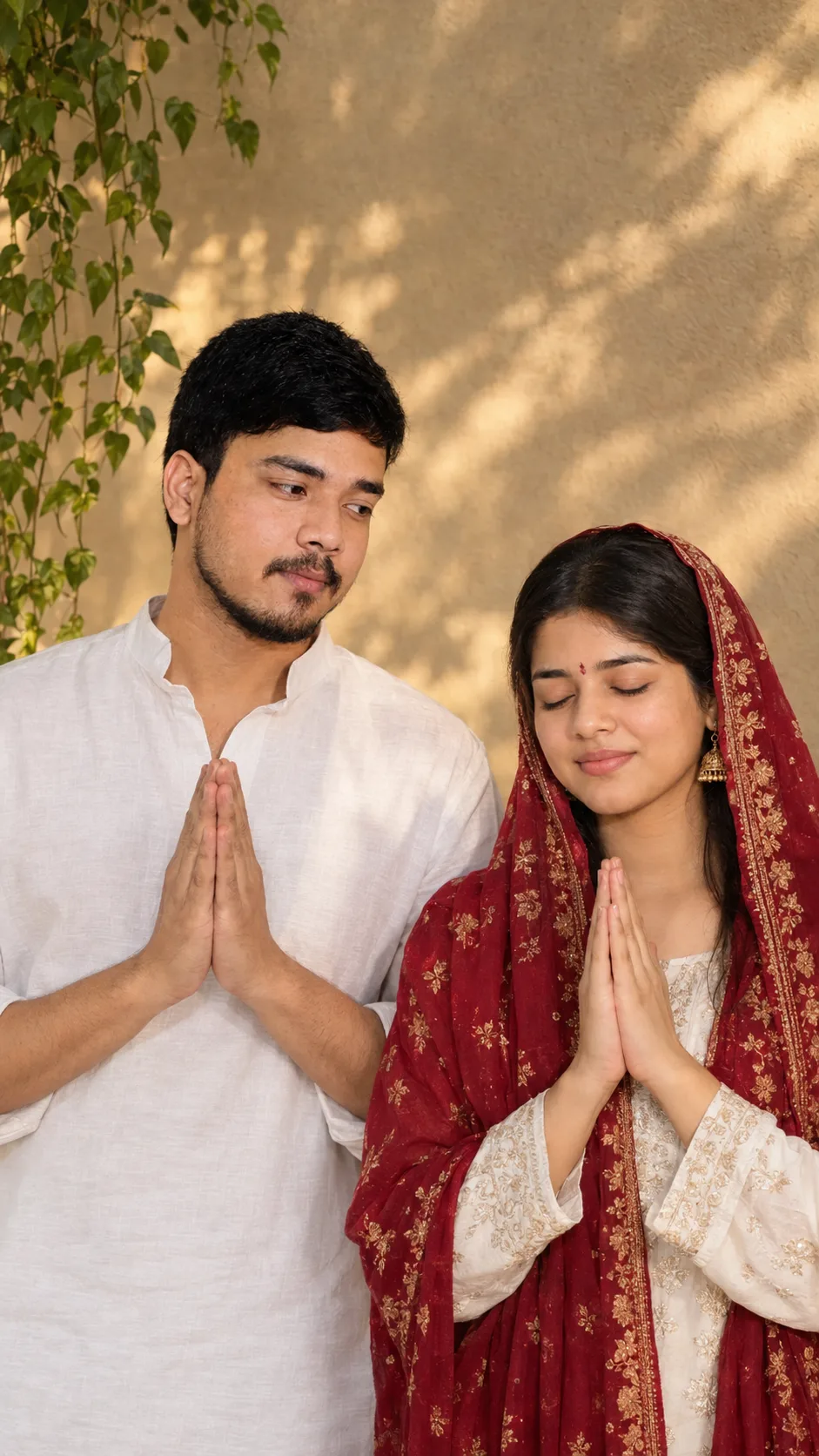 A realistic medium-shot DSLR photograph of an Indian couple in a namaste pose against a textured beige wall with soft dappled sunlight and