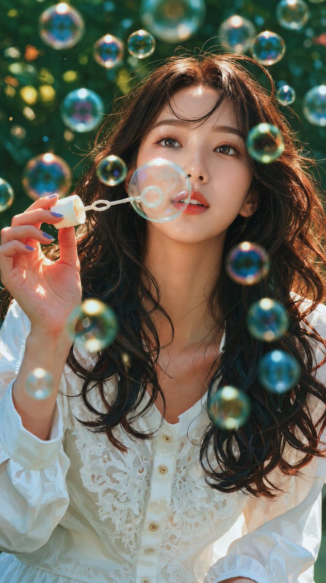 Ultra-realistic cinematic portrait of a beautiful young East Asian woman outdoors in a lush green garden, blowing soap bubbles with a