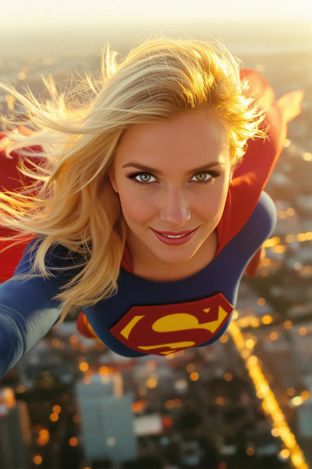 "A photorealistic, cinematic selfie-style portrait of Supergirl in flight.