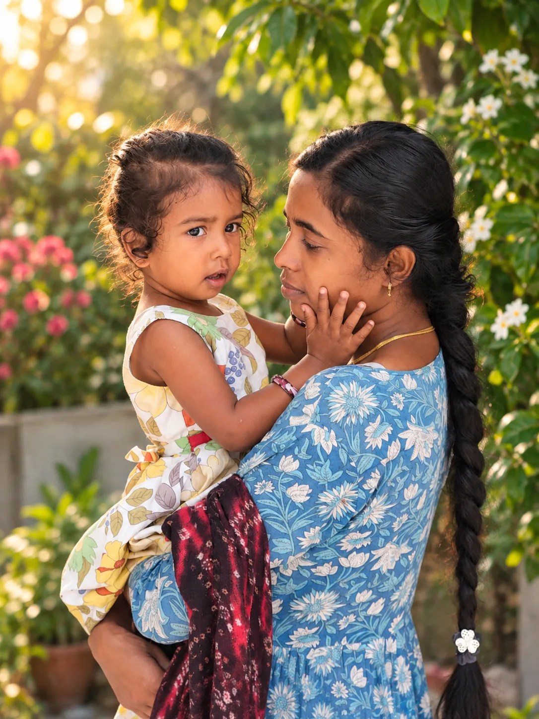 Create a highly realistic professional cinematic outdoor portrait of an Indian mother and her young daughter sharing a warm, natural