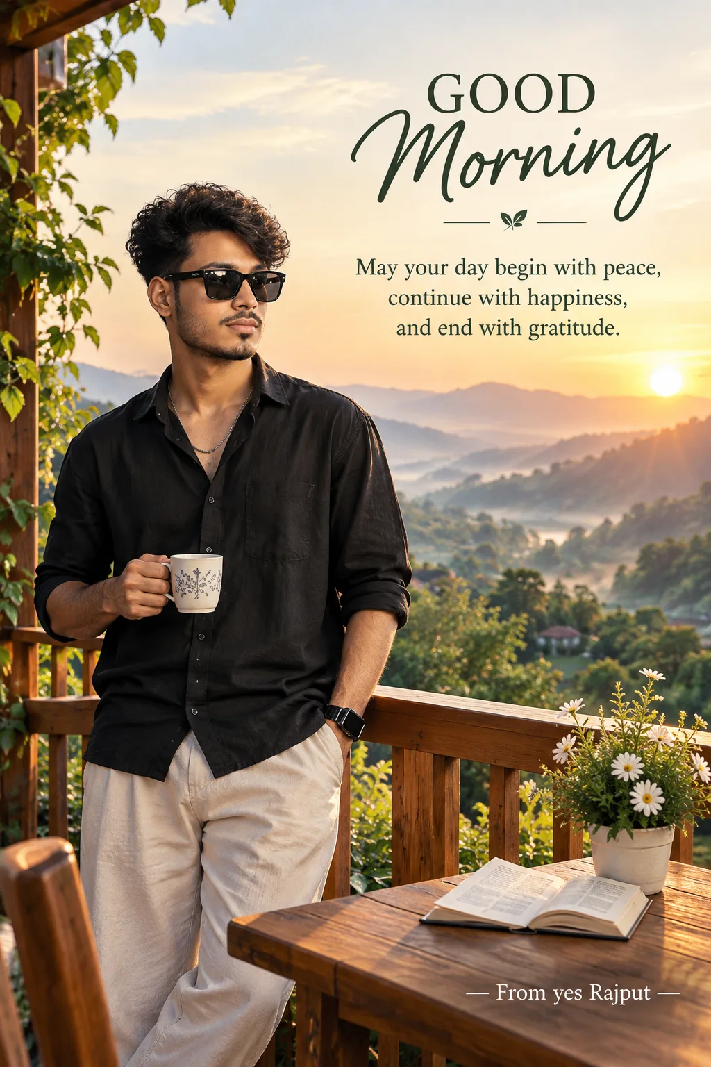 Create an ultra-realistic premium morning photograph featuring a beautiful wooden balcony overlooking lush green hills at sunrise.