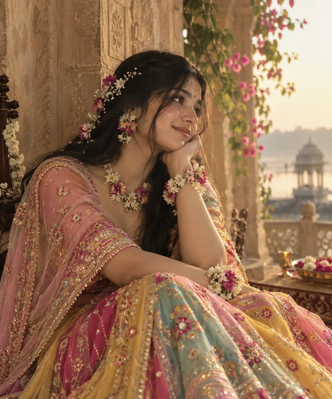 Create a photorealistic Radha Rani-inspired traditional look using the uploaded image as the exact reference.