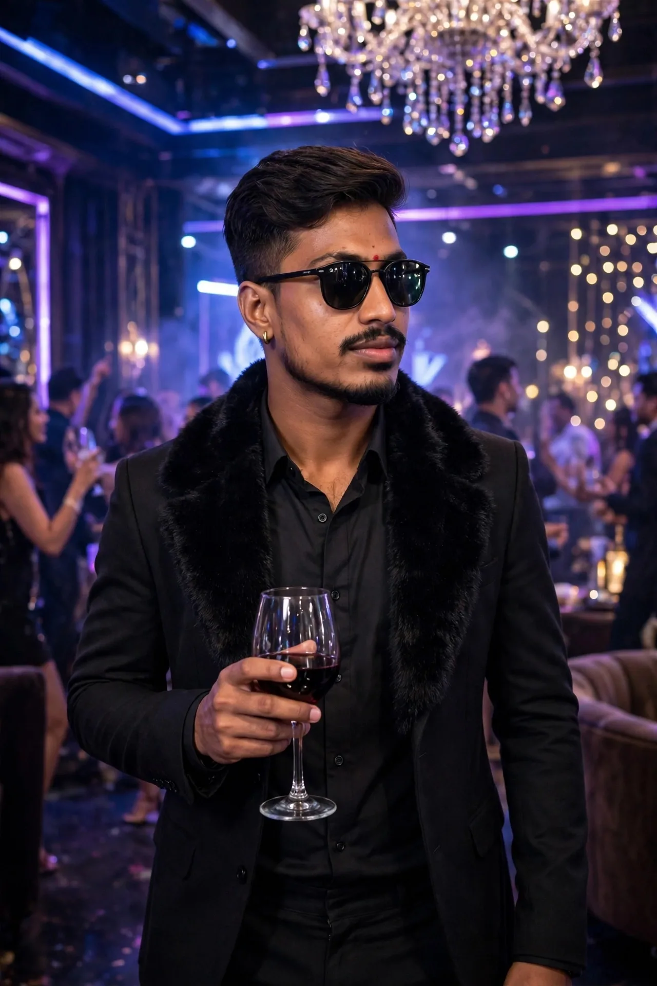 > A stylish Indian man with sunglasses, wearing black shirt, black pants, black blazer with black fur collar, holding a wine glass with red